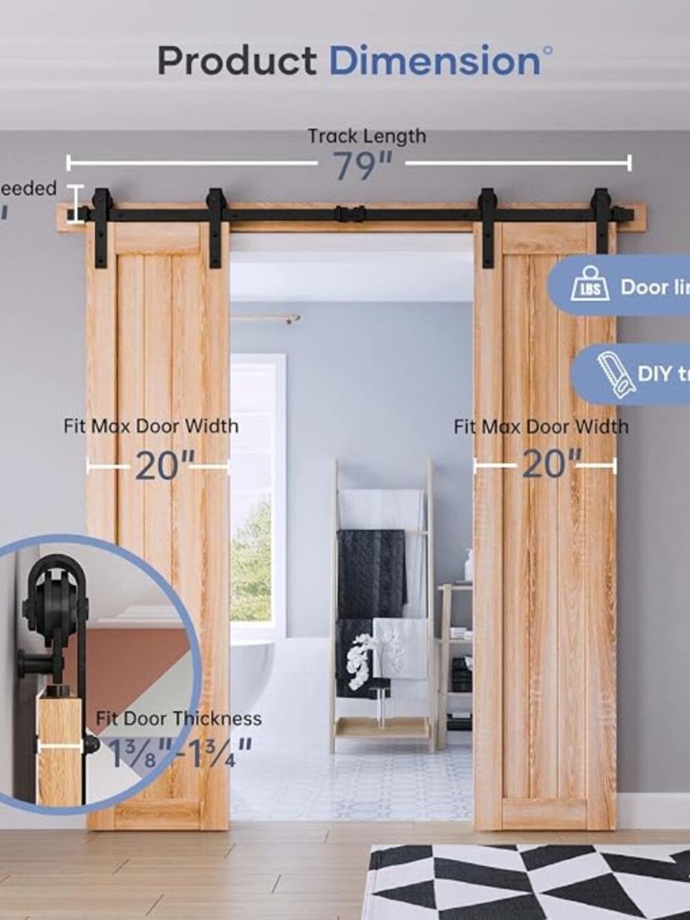 EaseLife 6.6 FT Double Door Sliding Barn Door Hardware Track Kit,Basic J Pulley, - Picture 3 of 7